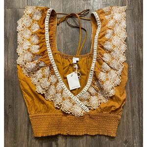 Jennifer & Grace Top Womens Large Ruffle Sleeve Neck Crop Boho
